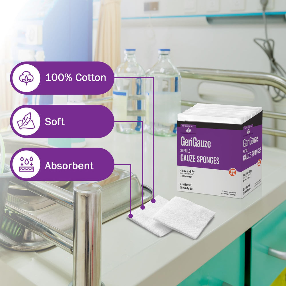 TenderGentle sterile gauze with two pads per pack supports wound prep.