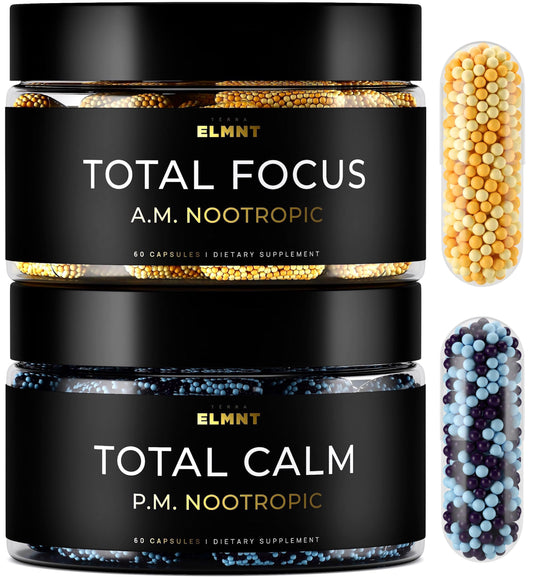 Terra Elmnt AMPM total focus bottle closeup for sustained energy and sharp focus