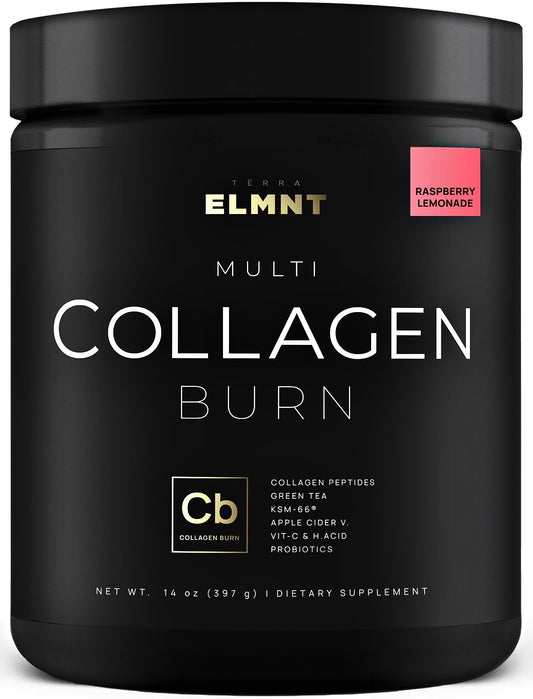 ELMNT Super Collagen Burn bottle on countertop showing premium blend benefits for skin and weight support