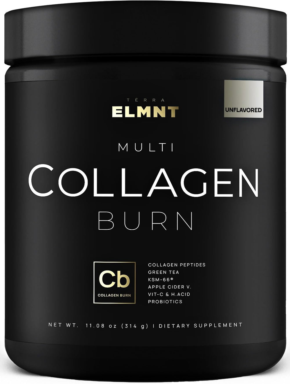 Terra Elmnt Super Multi Collagen Burn bottle, premium formula for beauty and metabolism.