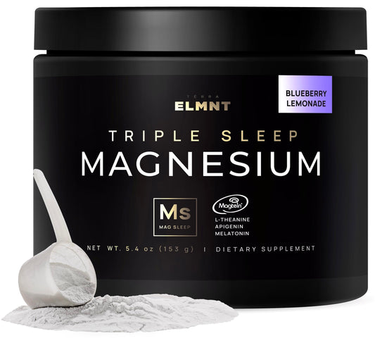 Terra Elmnt Triple Sleep bottle label highlights Magtein magnesium blend for restful nights.