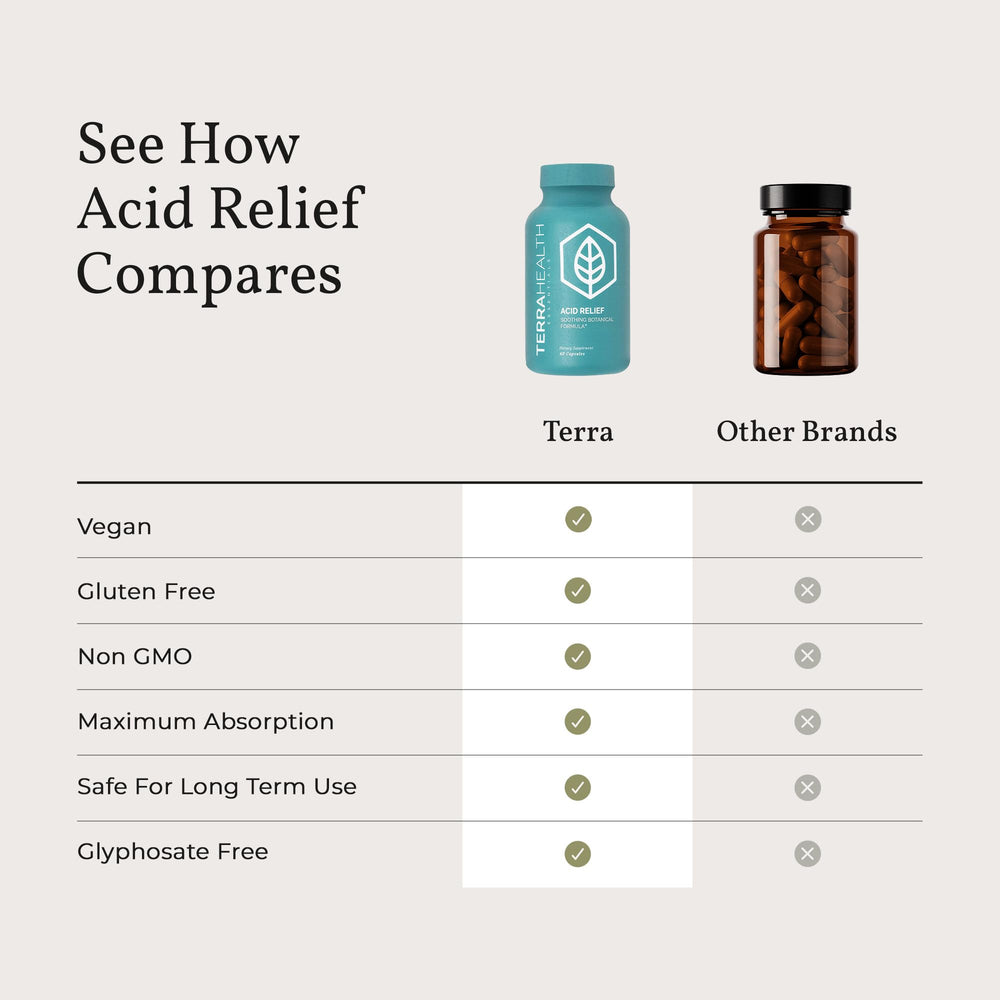 Terra Health Essentials Acid Relief capsules arranged for daily digestive routine