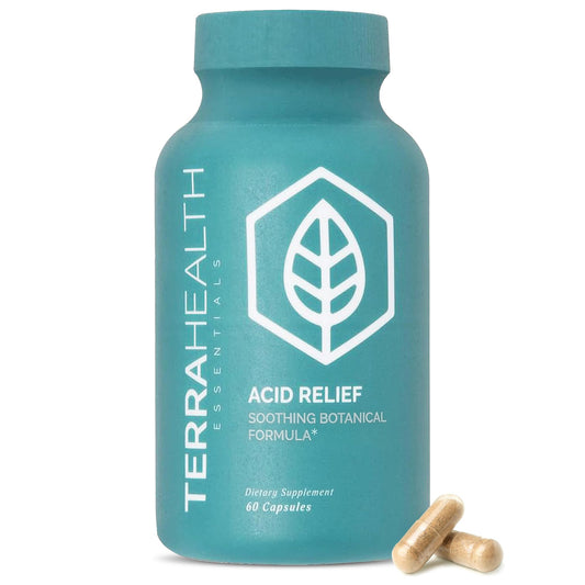 Terra Health Essentials Acid Relief lemon balm capsules in bottle for gentle digestion after meals