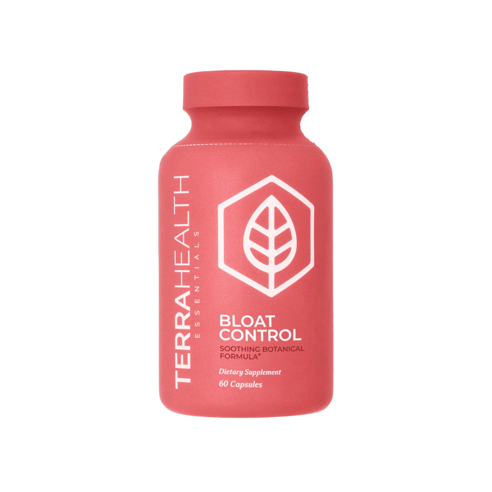Terra Health Essentials Bloat Control bottle poured for fast relief from bloating.