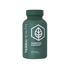 Terra Health Essentials Digestive Catalyst bottle on a clean surface supports comfortable digestion after meals.