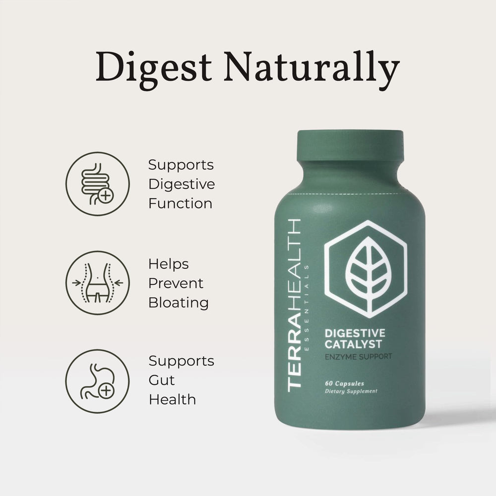 Terra Health Essentials Digestive Catalyst positioned with dairy-free foods for lactose-sensitive digestion.