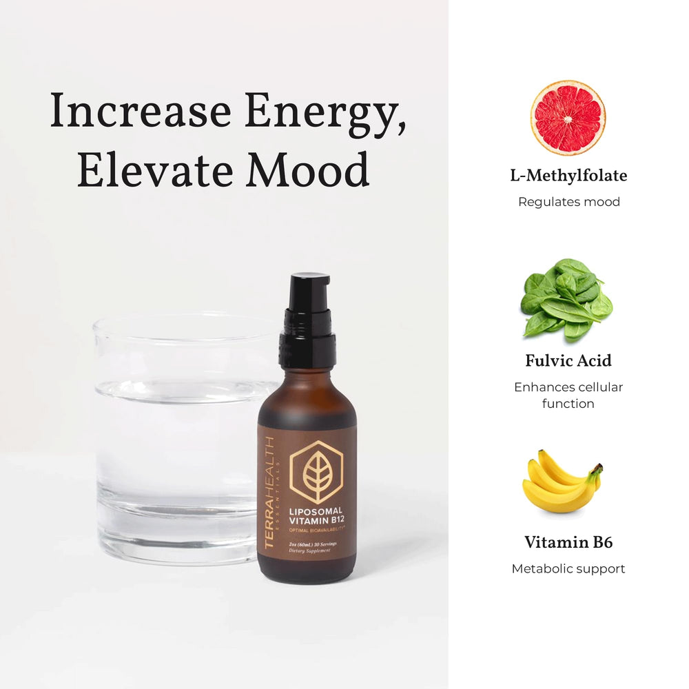 Terra Health Essentials Liposomal B12 bottle on a table in a wellness setting