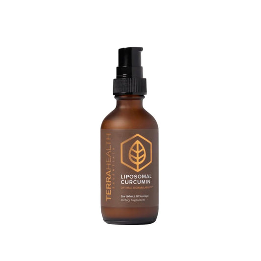 Terra Health Essentials liposomal curcumin drops bottle showing golden liquid for joint comfort use