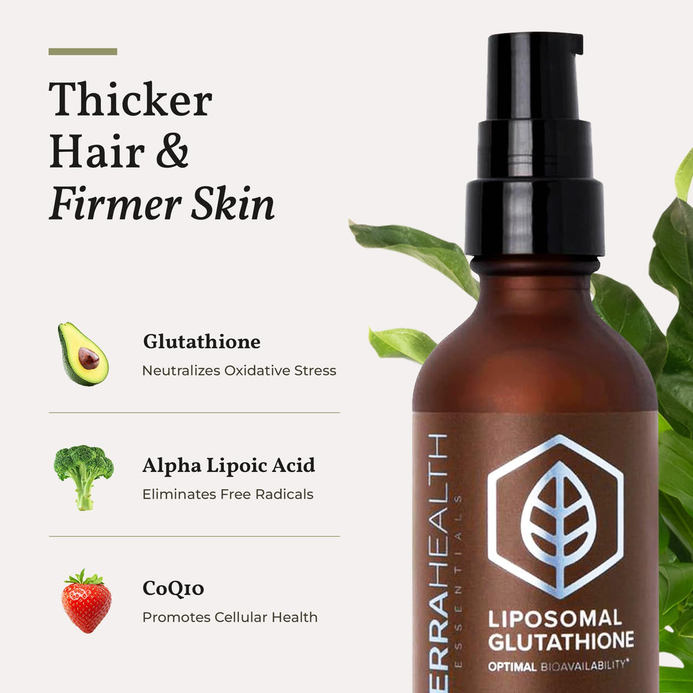 Terra Health Essentials liposomal glutathione label close-up showing natural ingredients.