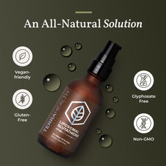Terra Health Essentials liposomal glutathione bottle in a morning routine setup.