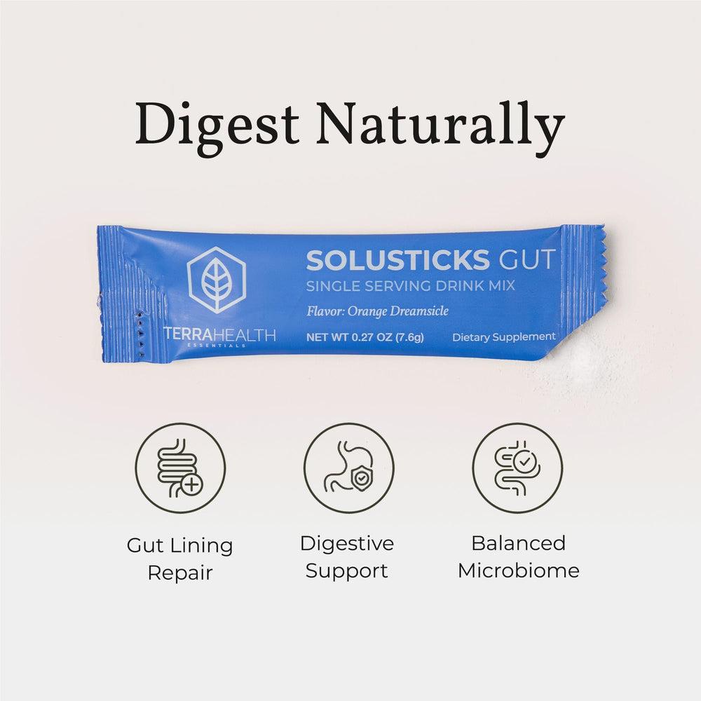 Terra Health Essentials Solusticks Gut ingredients panel showing L-Glutamine and herbs.