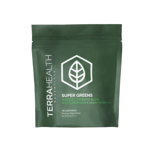 Terra Health Essentials Super Greens pack shot highlighting vegan, gluten-free formula for daily wellness.