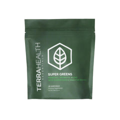 Terra Health Essentials Super Greens pack shot highlighting vegan, gluten-free formula for daily wellness.