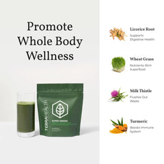 Terra Health Essentials Super Greens spoon measures servings for keto and vegan lifestyles.
