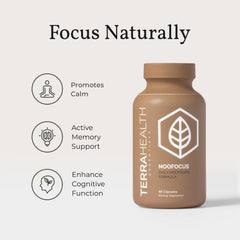 Terra Health NOOFOCUS mushroom blend showcasing adaptogens for focus.