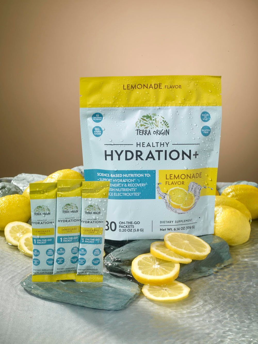 TERRA ORIGIN electrolyte blend close-up highlighting sodium, potassium, and magnesium for fluid balance.