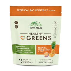 Terra Origin Greens Powder tropical passionfruit packets for daily vitality.