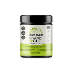 Packaging layout showing Terra Origin Healthy Gut Green Apple box and bottle