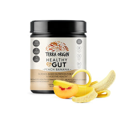 Terra Origin Healthy Gut peach-banana powder bottle for daily gut support