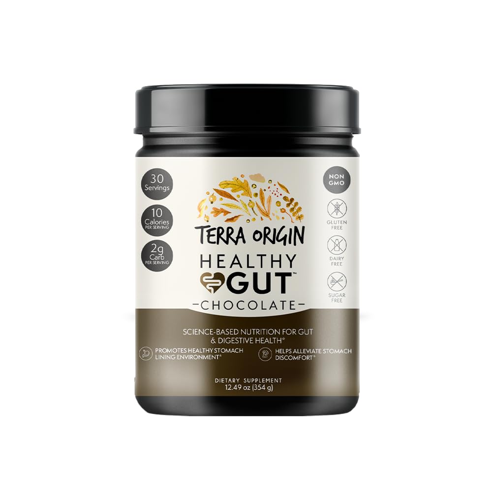 Terra Origin Healthy Gut Chocolate powder bottle on kitchen counter promoting digestive comfort
