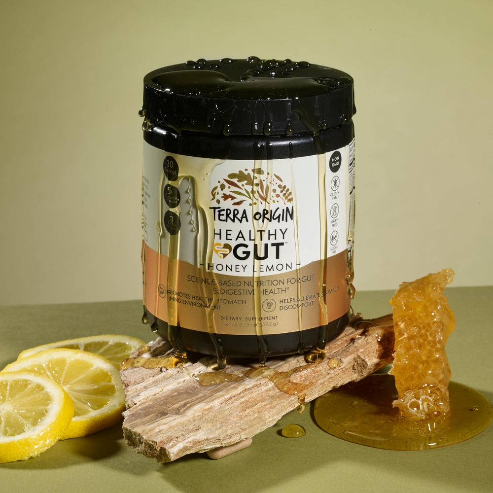 Terra Origin Healthy Gut Powder scoop for easy daily dosing.