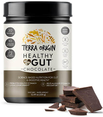 Terra Origin Healthy Gut powder scoop next to jar for easy daily gut support
