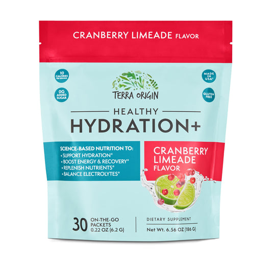 TERRA ORIGIN Healthy Hydration+ Recovery Drink Mix bottle pouring supports quick rehydration after activity.