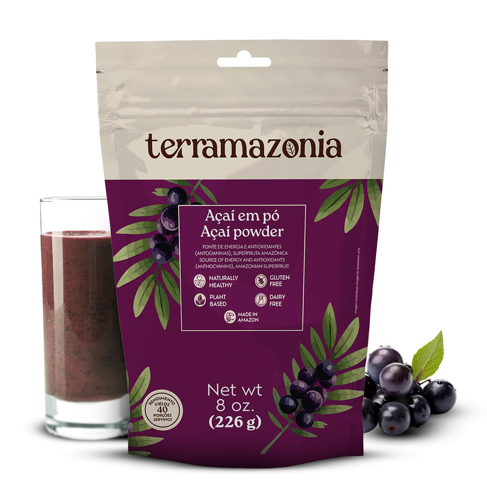 Terramazonia Açaí Powder jar with scoop, nutrient-rich supplement for smoothies