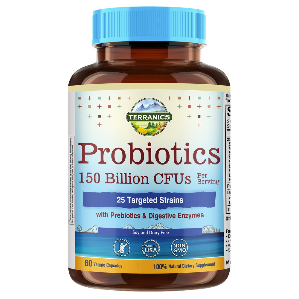 Terranics Daily Probiotics bottle front highlights 150B CFU for gut balance potential.