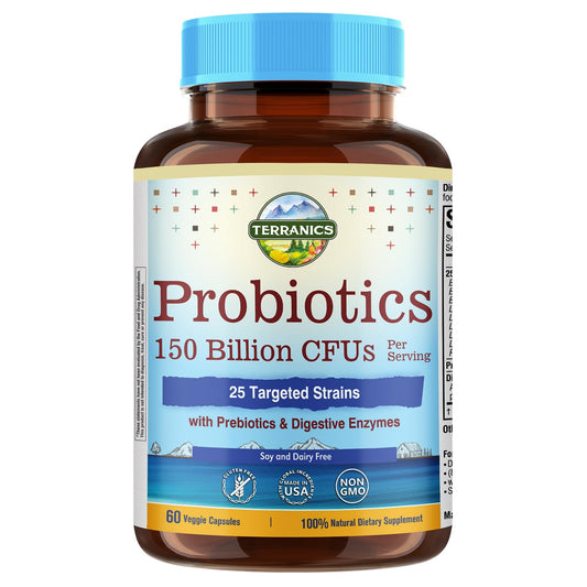 Terranics Daily Probiotics bottle front highlights 150B CFU for gut balance potential.