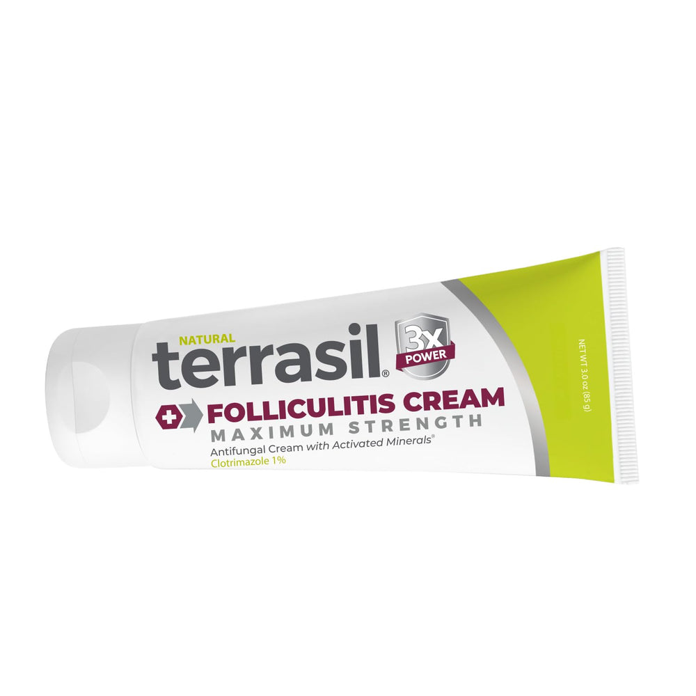 Terrasil Folliculitis Cream bottle close-up offering gentle follicle relief.