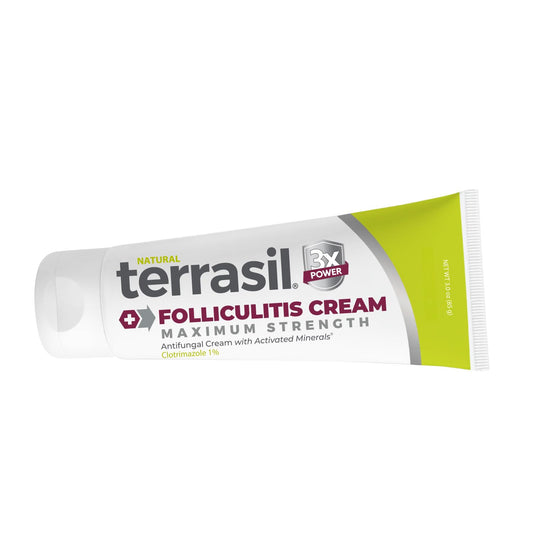 Terrasil Folliculitis Cream bottle close-up offering gentle follicle relief.