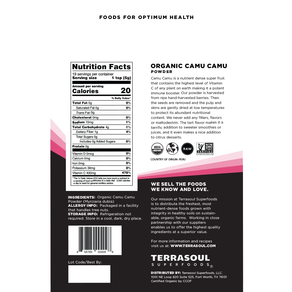 Terrasoul Camu Camu powder scoop in pouch for precise daily measure.