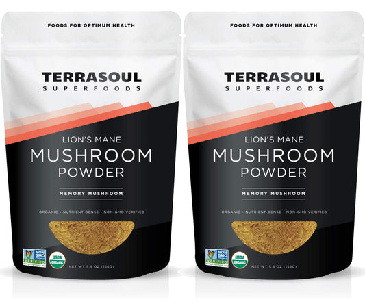 Terrasoul Lions Mane powder two-bags front view for convenient, organic daily supplementation.