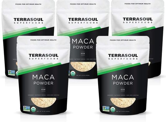 Terrasoul Superfoods maca powder bottle showing organic raw product.