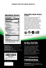 Terrasoul Maca Powder raw organic certification label visible, signaling quality.