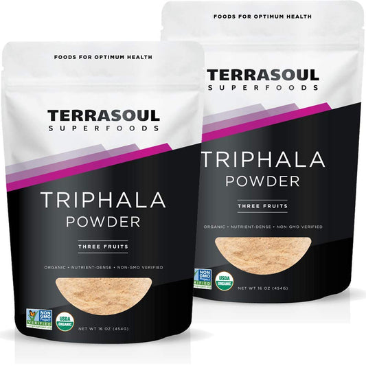 Terrasoul Organic Triphala Powder bottle label closeup for daily digestive routine
