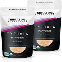Terrasoul Organic Triphala Powder bottle label closeup for daily digestive routine