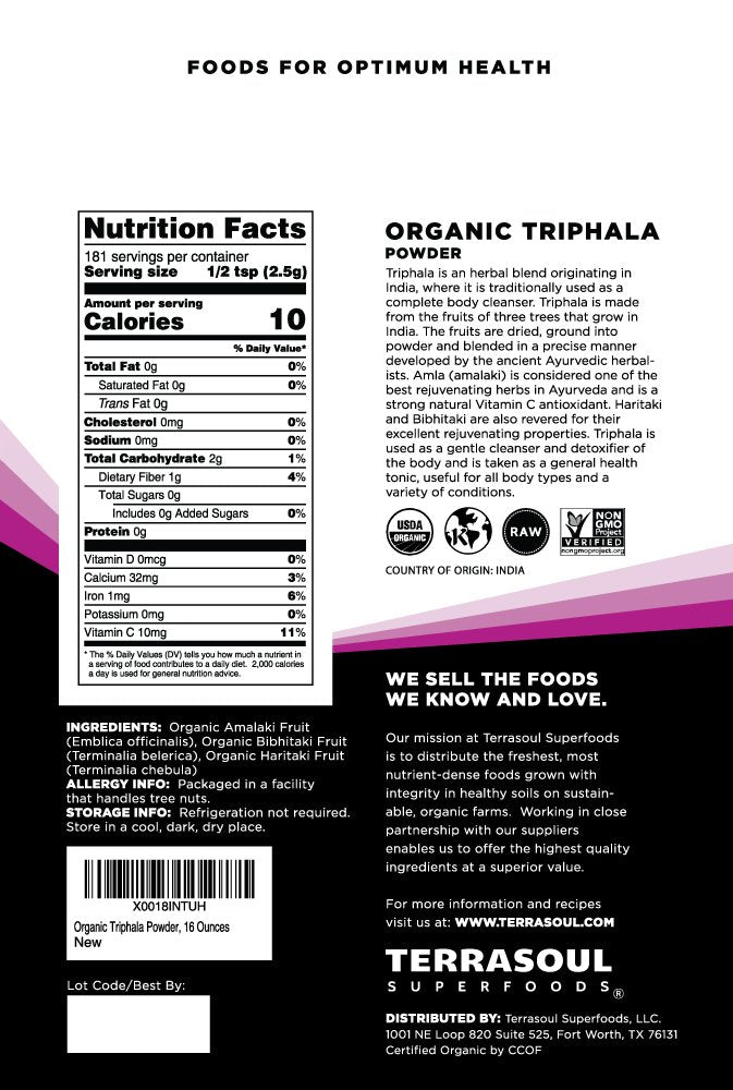 Terrasoul Organic Triphala Powder scoop beside jar for easy morning dosage