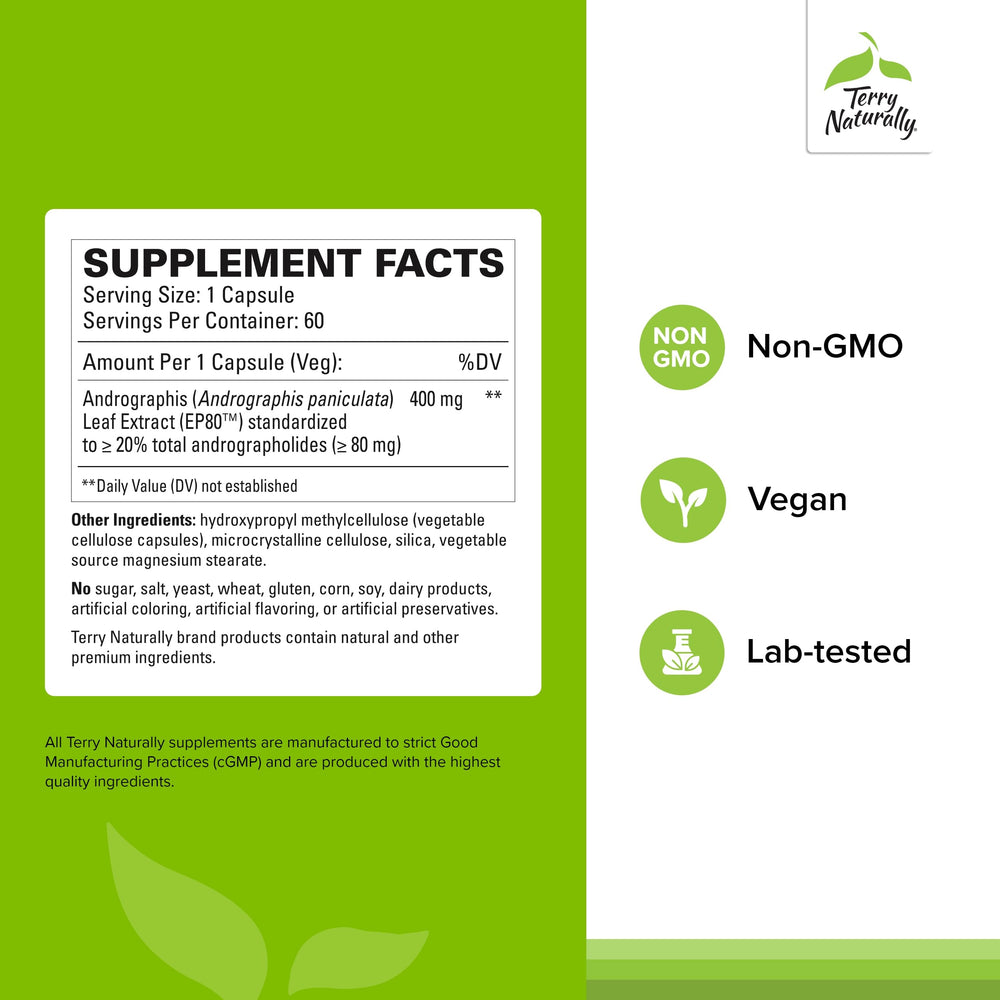 Terry Naturally Andrographis EP80 bottle side label showing ingredients for immune health.