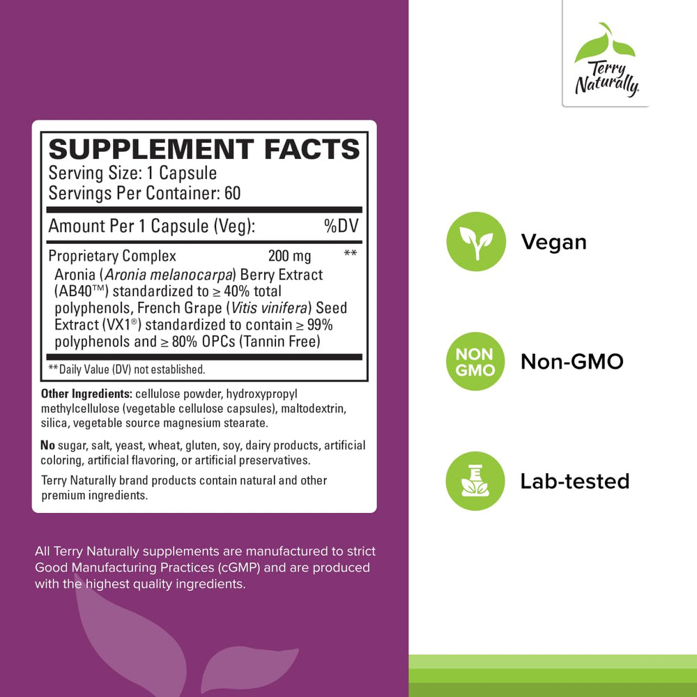 Capsules close-up of Terry Naturally Aronia Berry Complex for daily antioxidant support