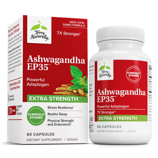 Terry Naturally Ashwagandha EP35 bottle promoting stress support and restful evenings.