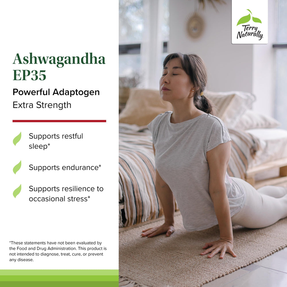 Terry Naturally Ashwagandha EP35 label closeup highlighting herbal blend