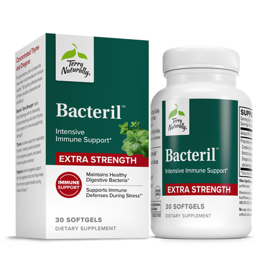 Terry Naturally Bacteril Extra Strength bottle showing capsules for immune and digestive support.