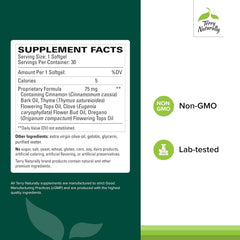 Terry Naturally Bacteril ingredients featuring cinnamon and thyme for gut balance.