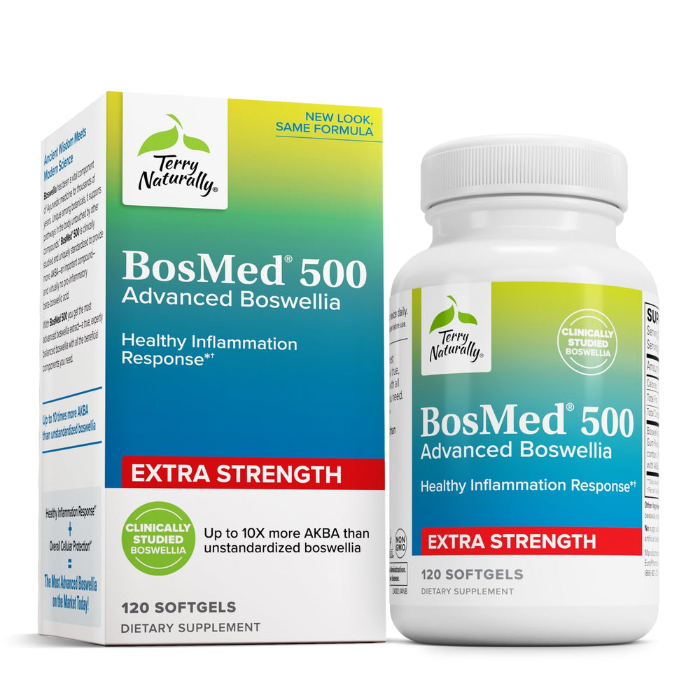Terry Naturally BosMed 500 bottle pour shows easy-to-take softgels for lung support.