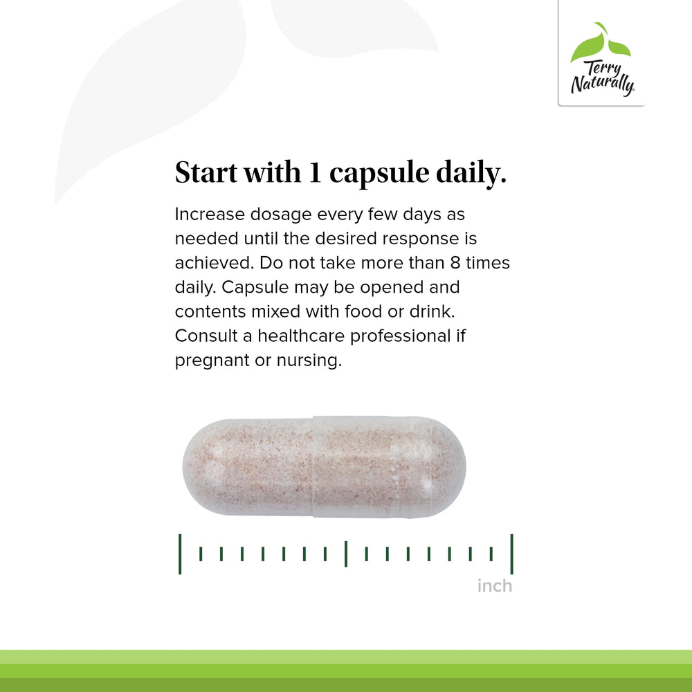 Terry Naturally Calm Kids dosage guide demonstrates start-at-1 capsule daily.
