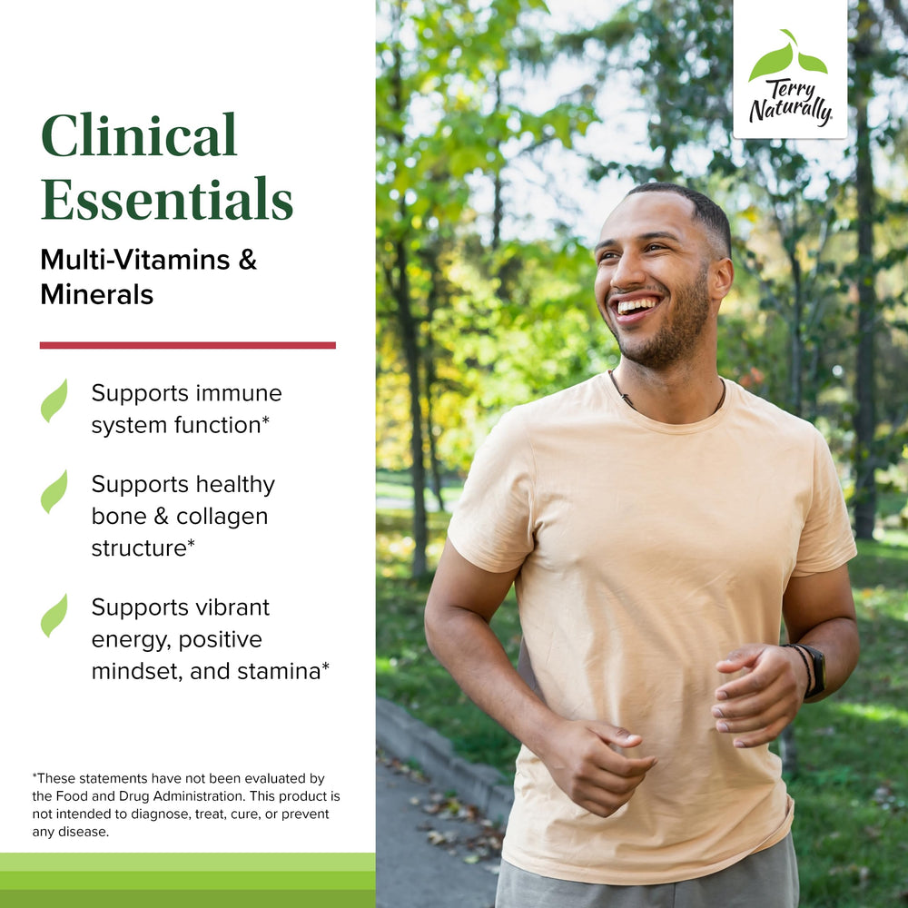 Terry Naturally Clinical Essentials tablets pour demonstrates easy daily dosing for energy and immune support.