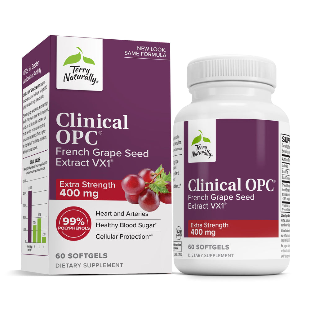 Terry Naturally Clinical OPC Extra Strength bottle front view, suggesting immune and heart support potential.
