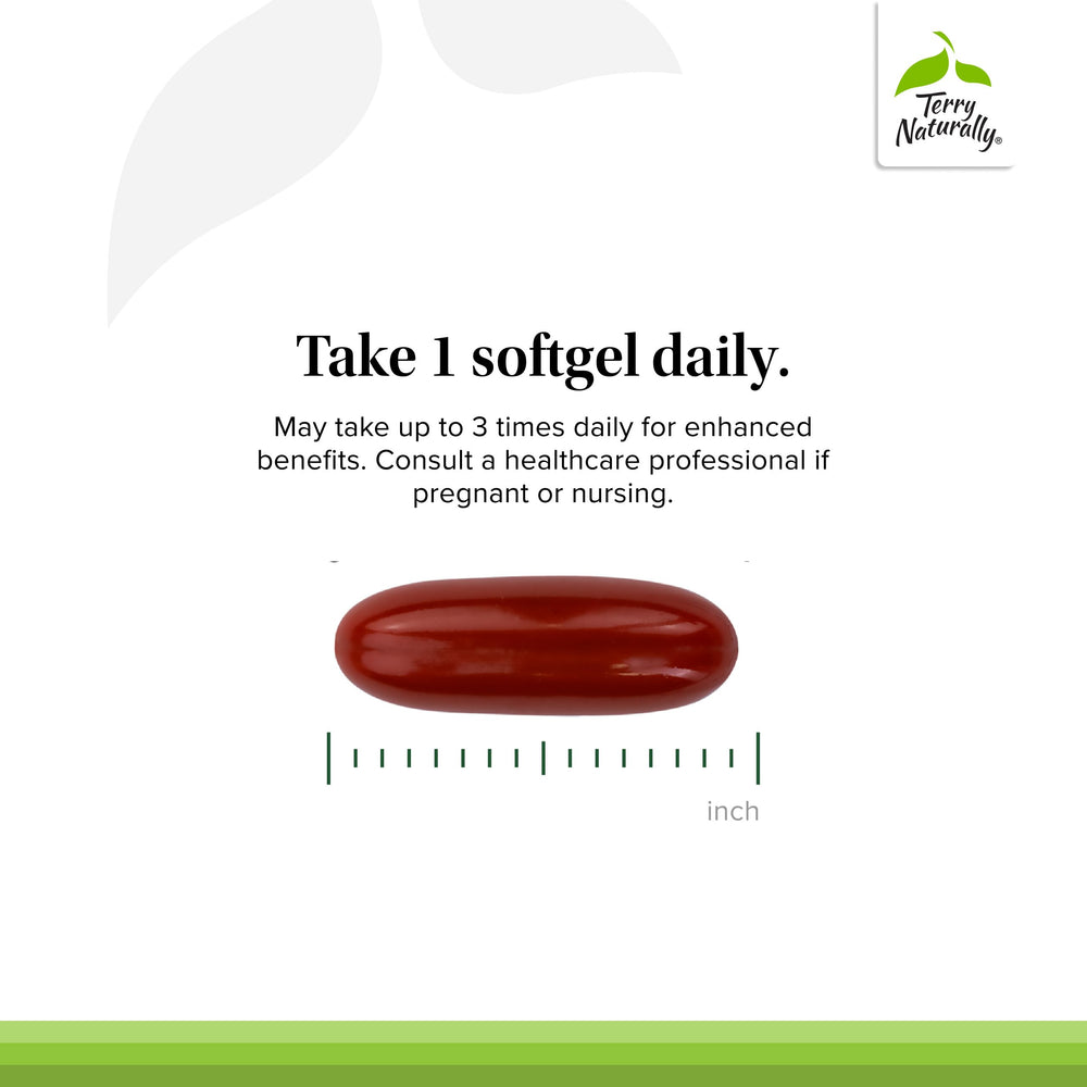 Terry Naturally Clinical OPC Extra Strength softgels on plate, illustrating convenient daily capsules.
